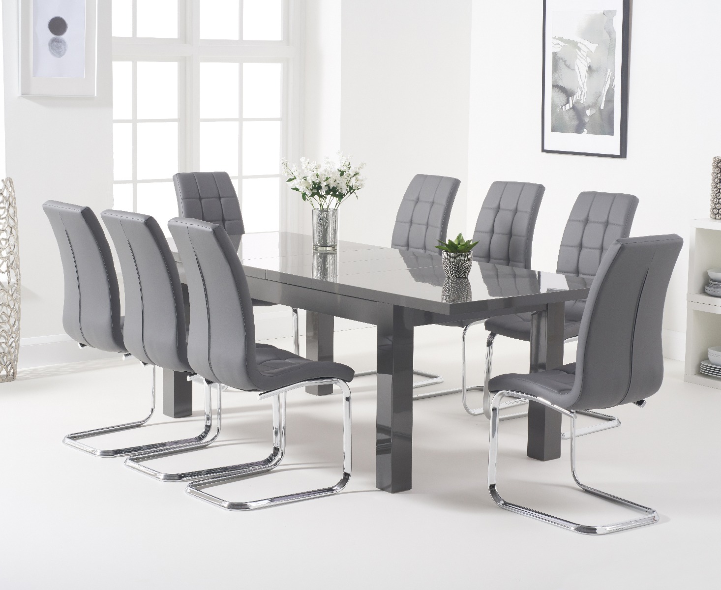 Atlanta Dark Grey Gloss 160220cm Extending Dining Table With 8 Black Vigo Chairs