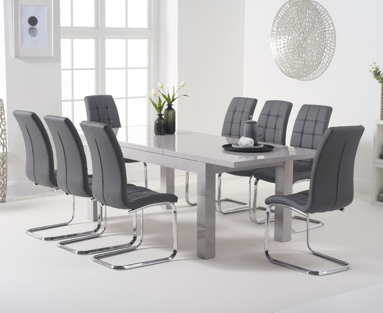 Product photograph of Seattle Light Grey Gloss 160-220cm Extending Dining Table With 8 Black Vigo Chairs from Oak Furniture Superstore