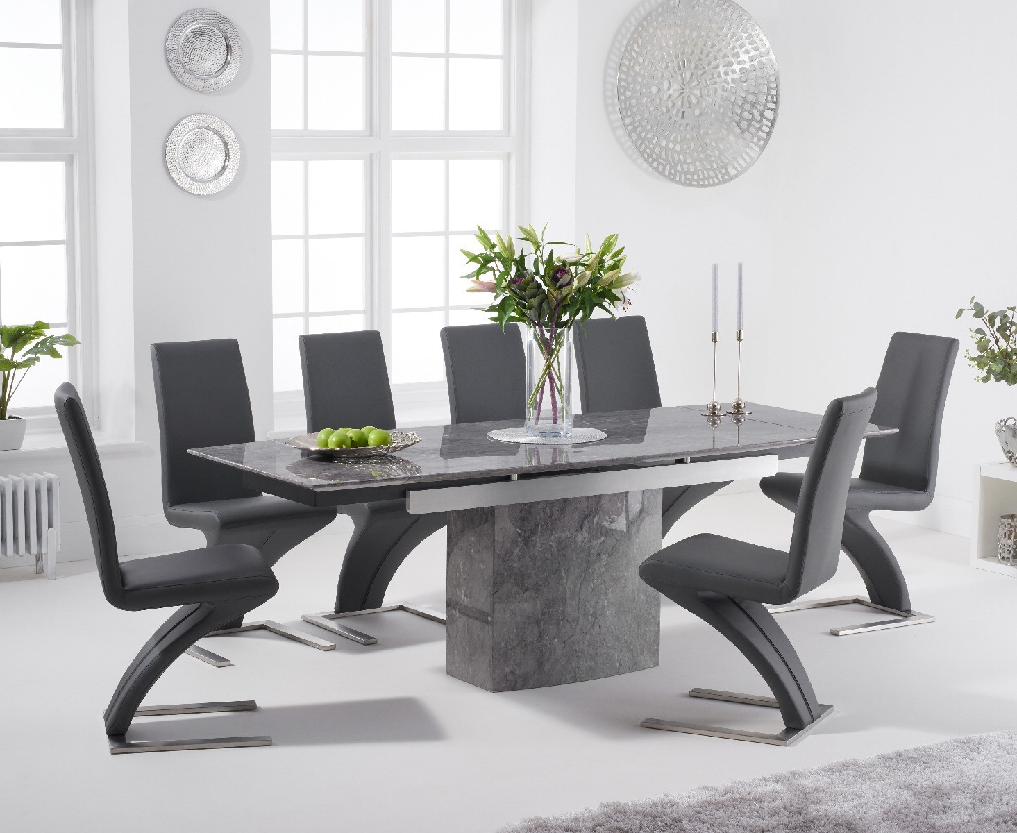 Metropolis 160cm Extending Grey Marble Dining Table With 4 Grey Hampstead Faux Leather Chairs