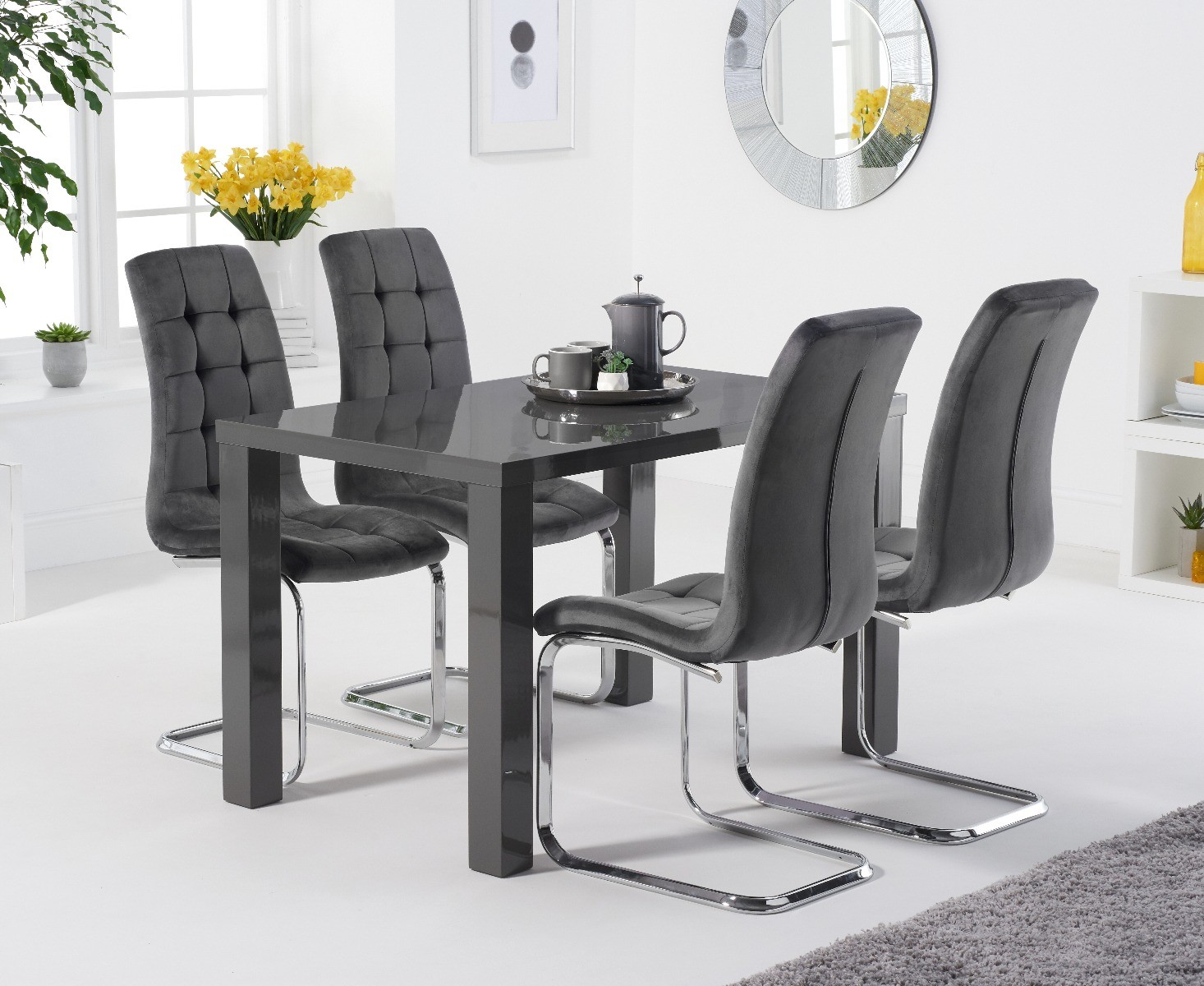 Product photograph of Atlanta 120cm Dark Grey High Gloss Table With 6 Grey Vigo Velvet Chairs from Oak Furniture Superstore