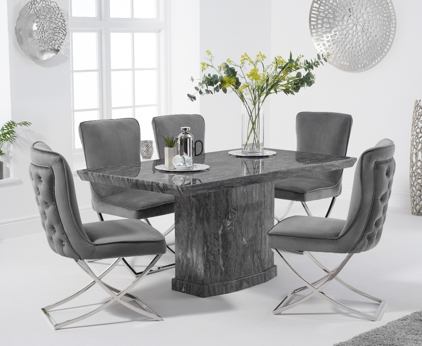 Product photograph of Carvelle 160cm Grey Marble Table With 4 Grey Giovanni Velvet Chairs from Oak Furniture Superstore