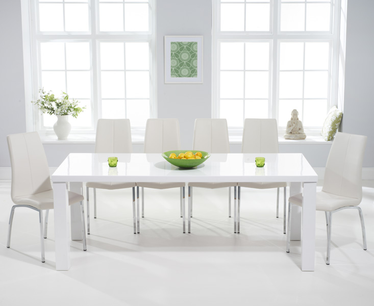 Atlanta 200cm White High Gloss Dining Table With 8 Ivory White Cavello Chairs