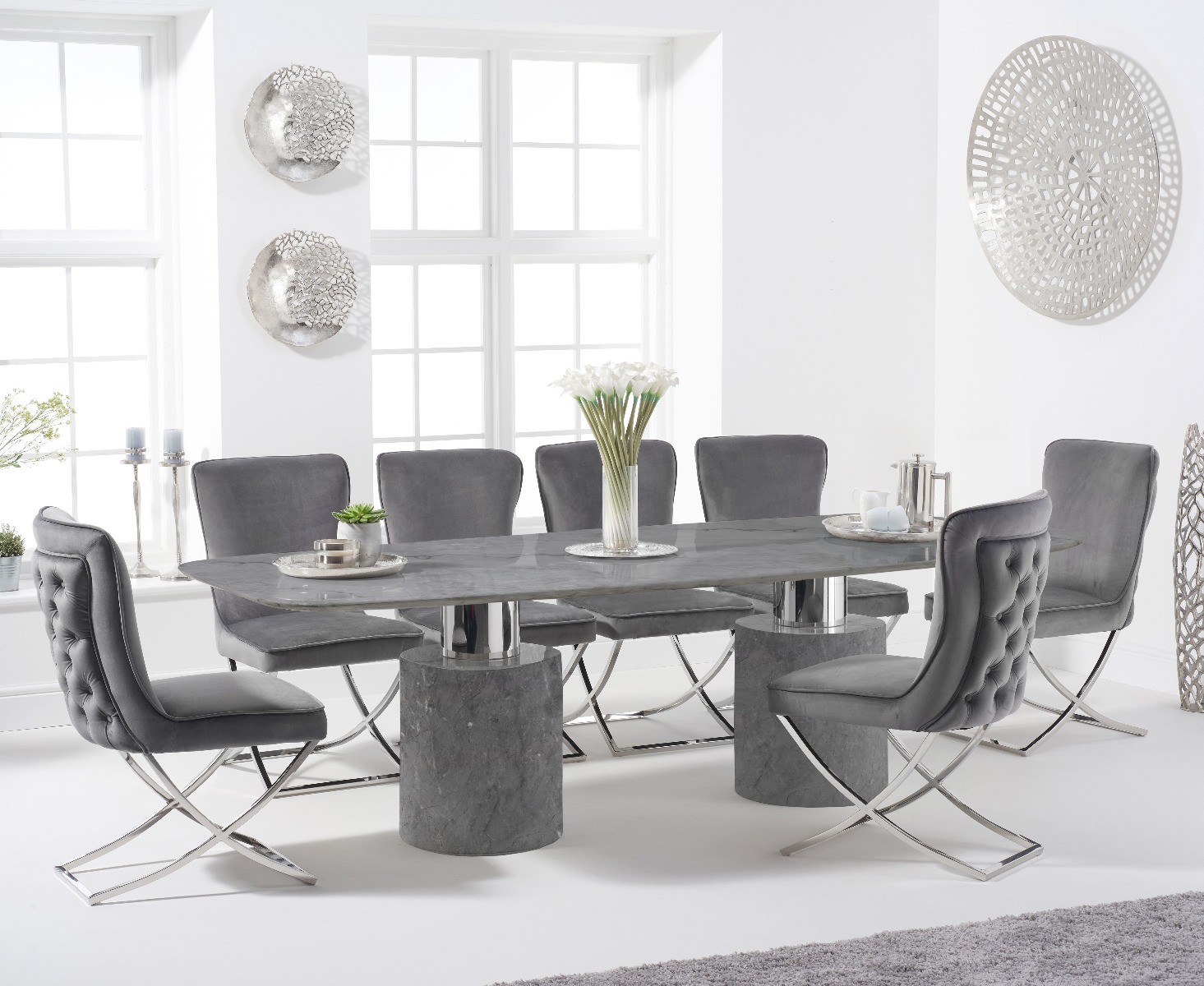 Product photograph of Antonio 260cm Grey Marble Table With 6 Grey Giovanni Velvet Chairs from Oak Furniture Superstore