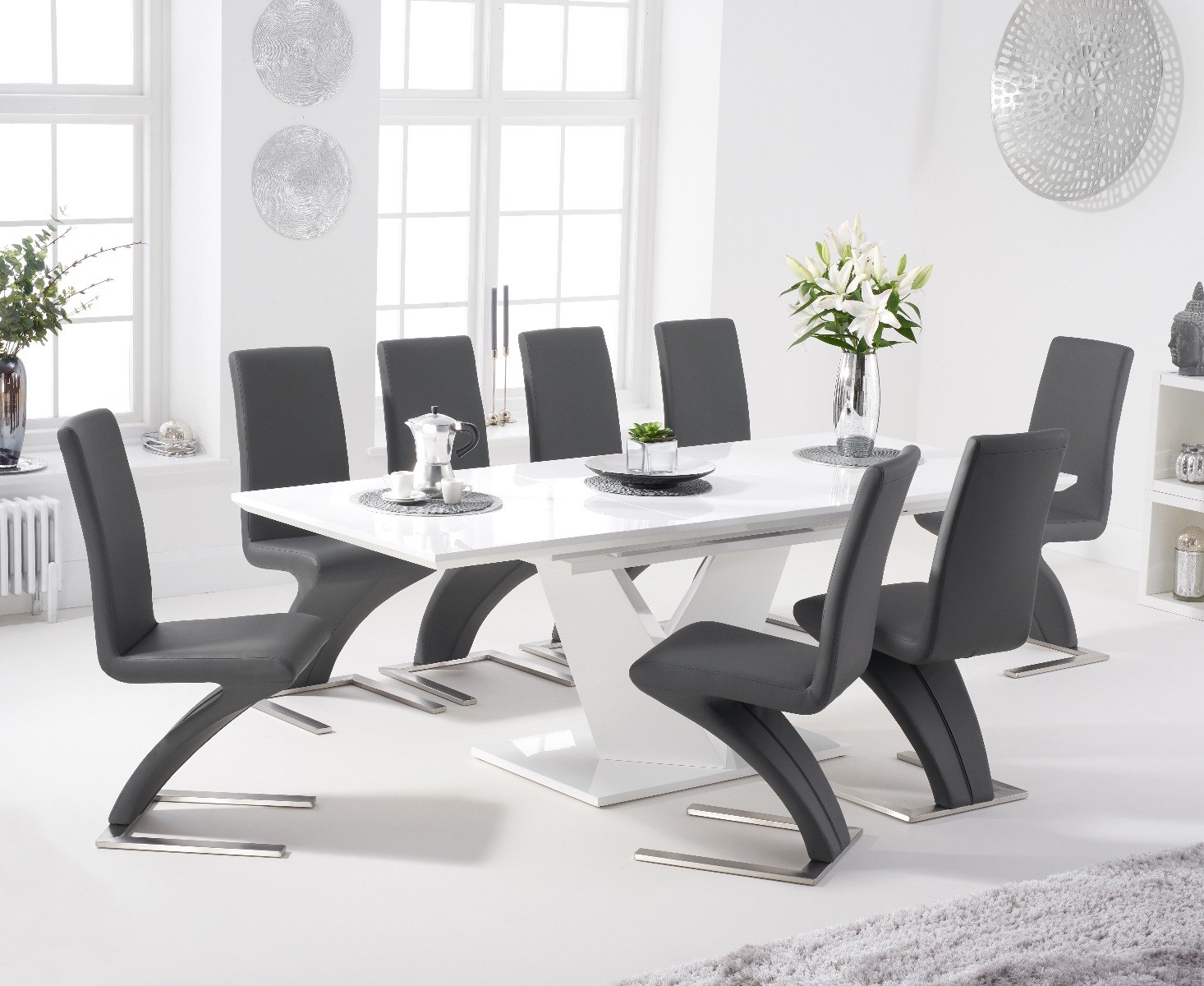 Vittorio 160cm White High Gloss Extending Dining Table With 6 Grey Hampstead Faux Leather Chairs