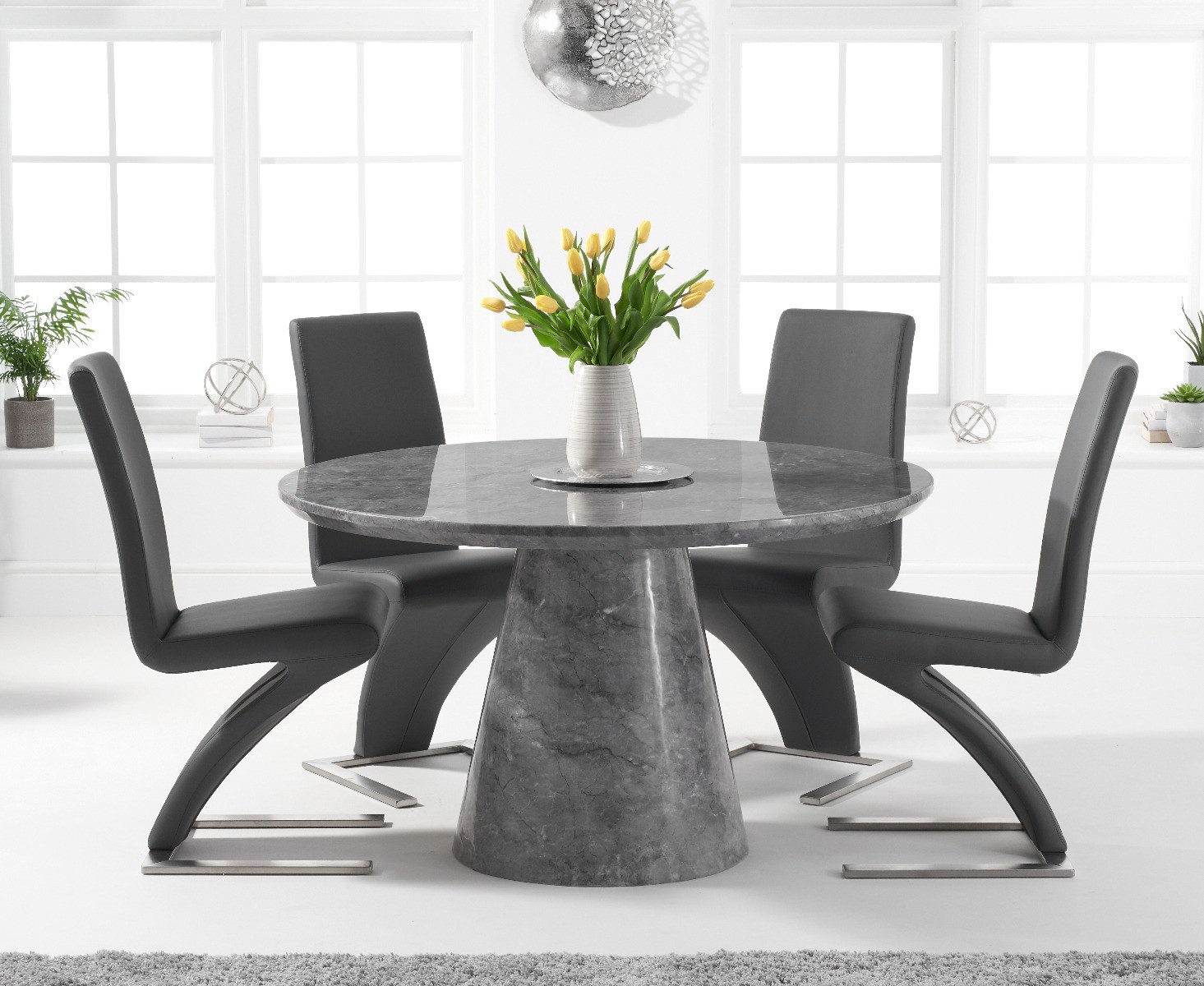 Ravello 130cm Round Grey Marble Dining Table With 4 Grey Hampstead Chairs