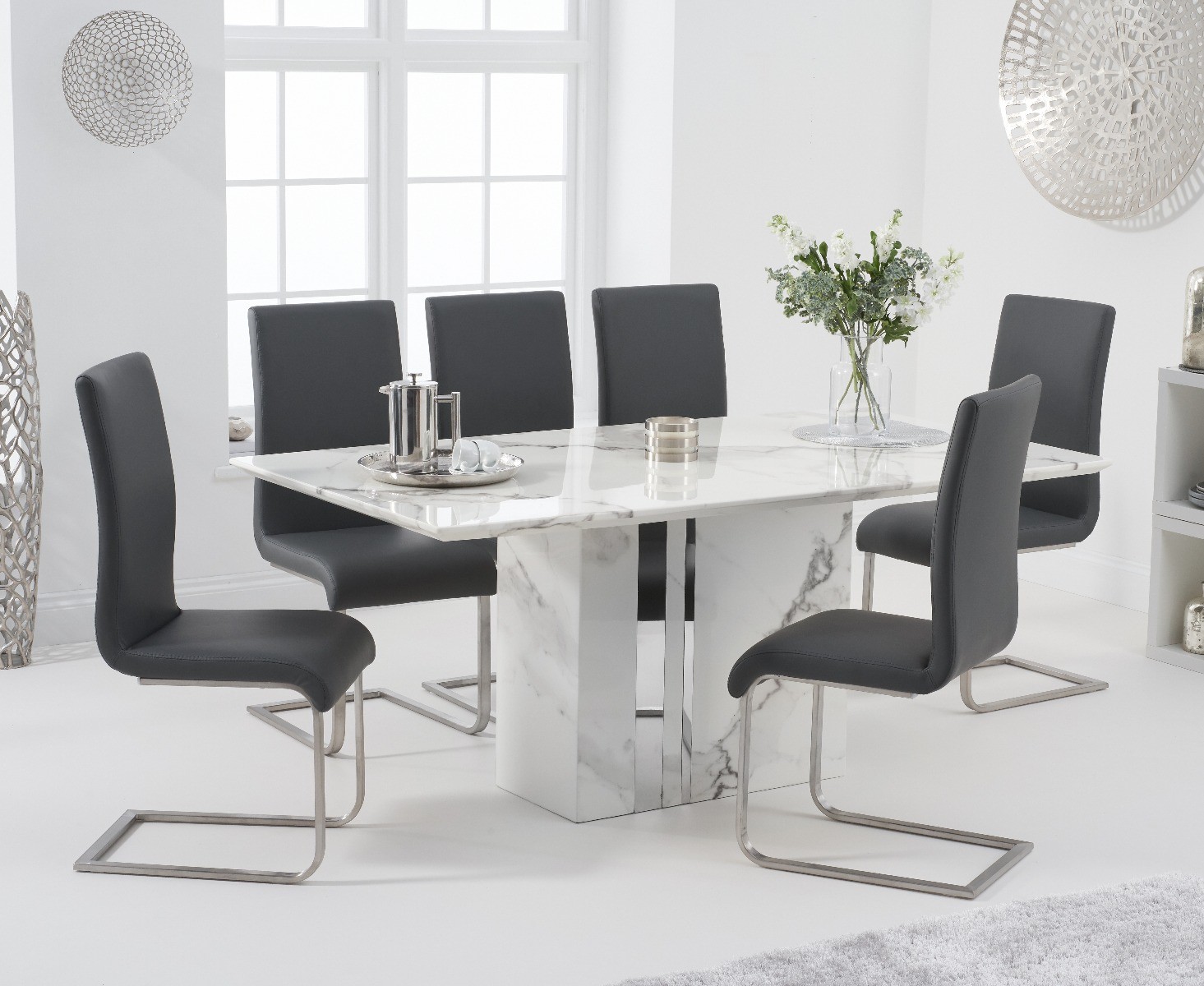 Product photograph of Alicia 180cm White Marble Dining Table With 8 White Malaga Chairs from Oak Furniture Superstore