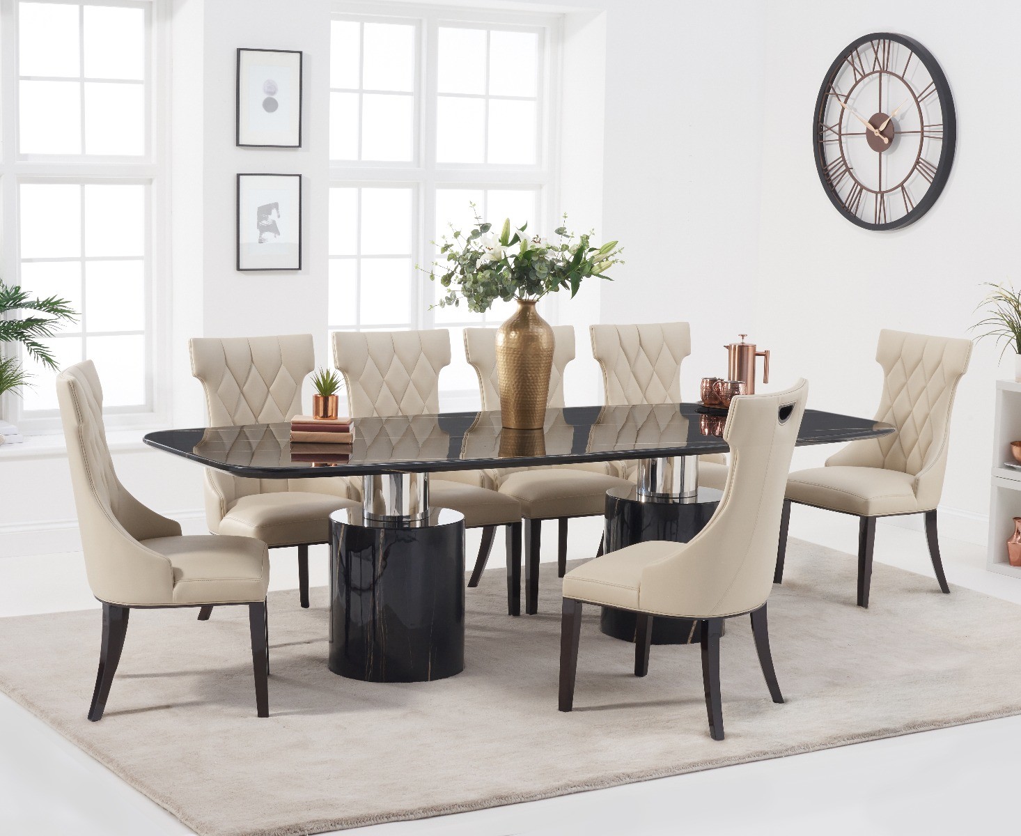 Antonio 260cm Black Marble Dining Table With 12 Grey Sophia Chairs
