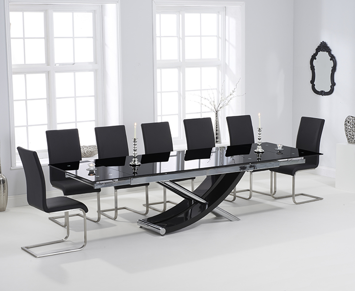 Hilton 210cm Extending Black Glass Dining Table With 10 Black Malaga Chairs