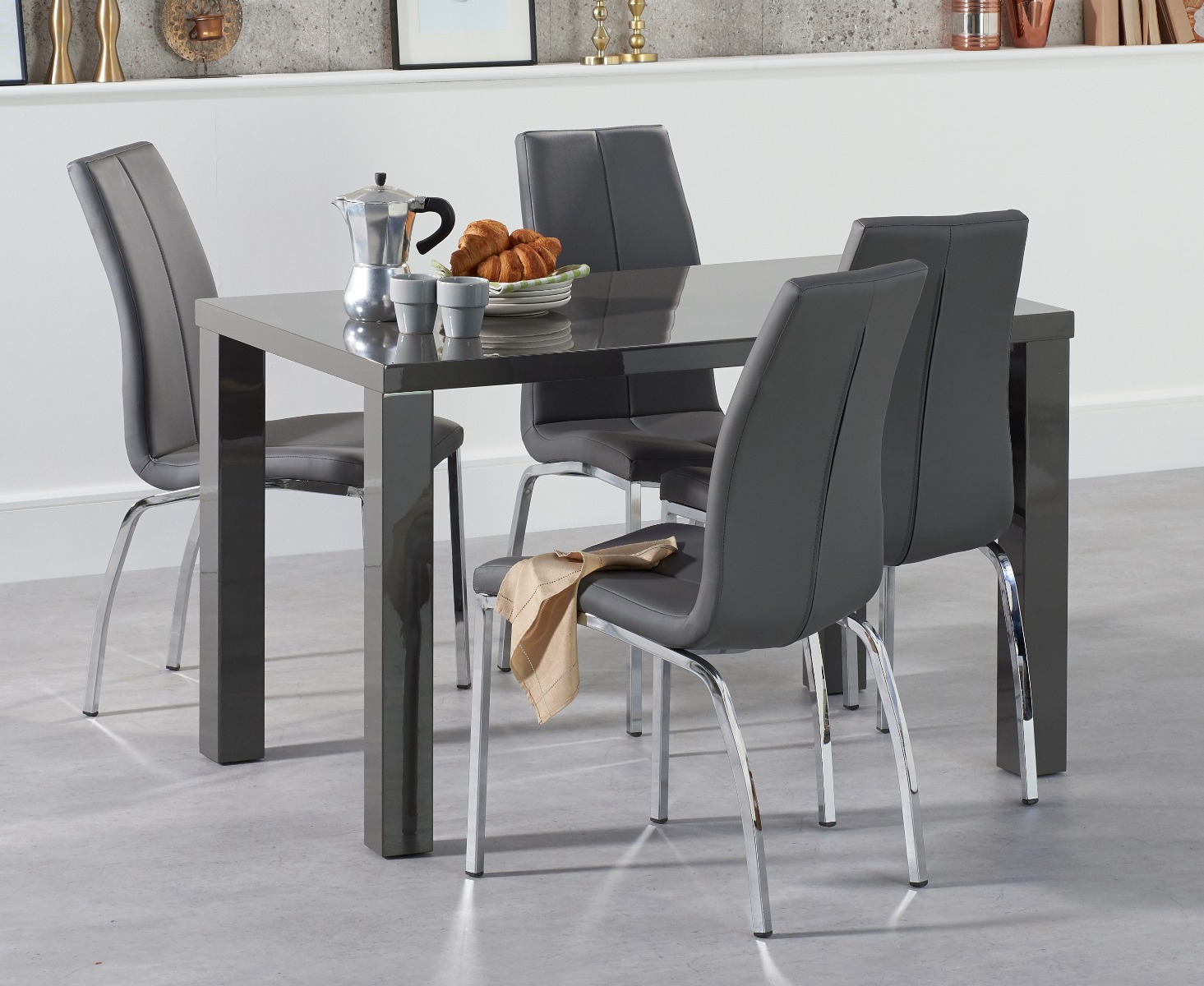 Atlanta 120cm Dark Grey High Gloss Dining Table With 4 Ivory White Cavello Chairs
