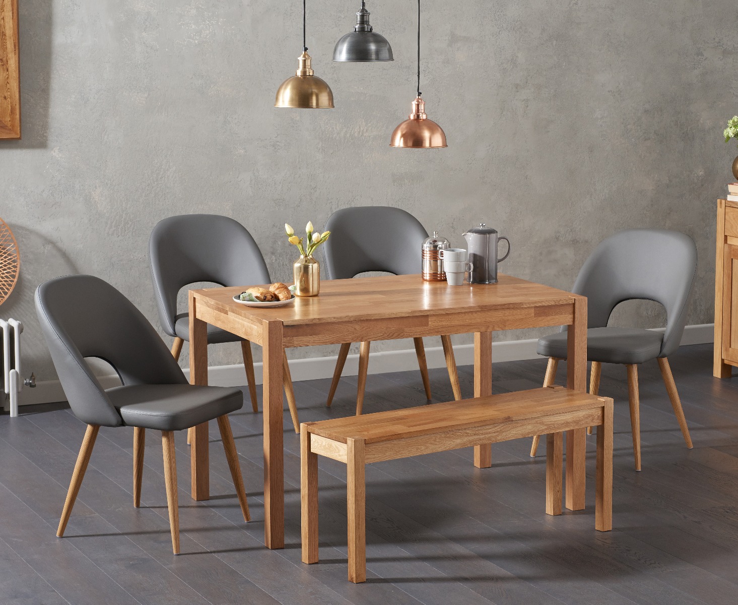 Oxford 150cm Solid Oak Dining Table With Hudson Faux Leather Chairs And Oxford Bench