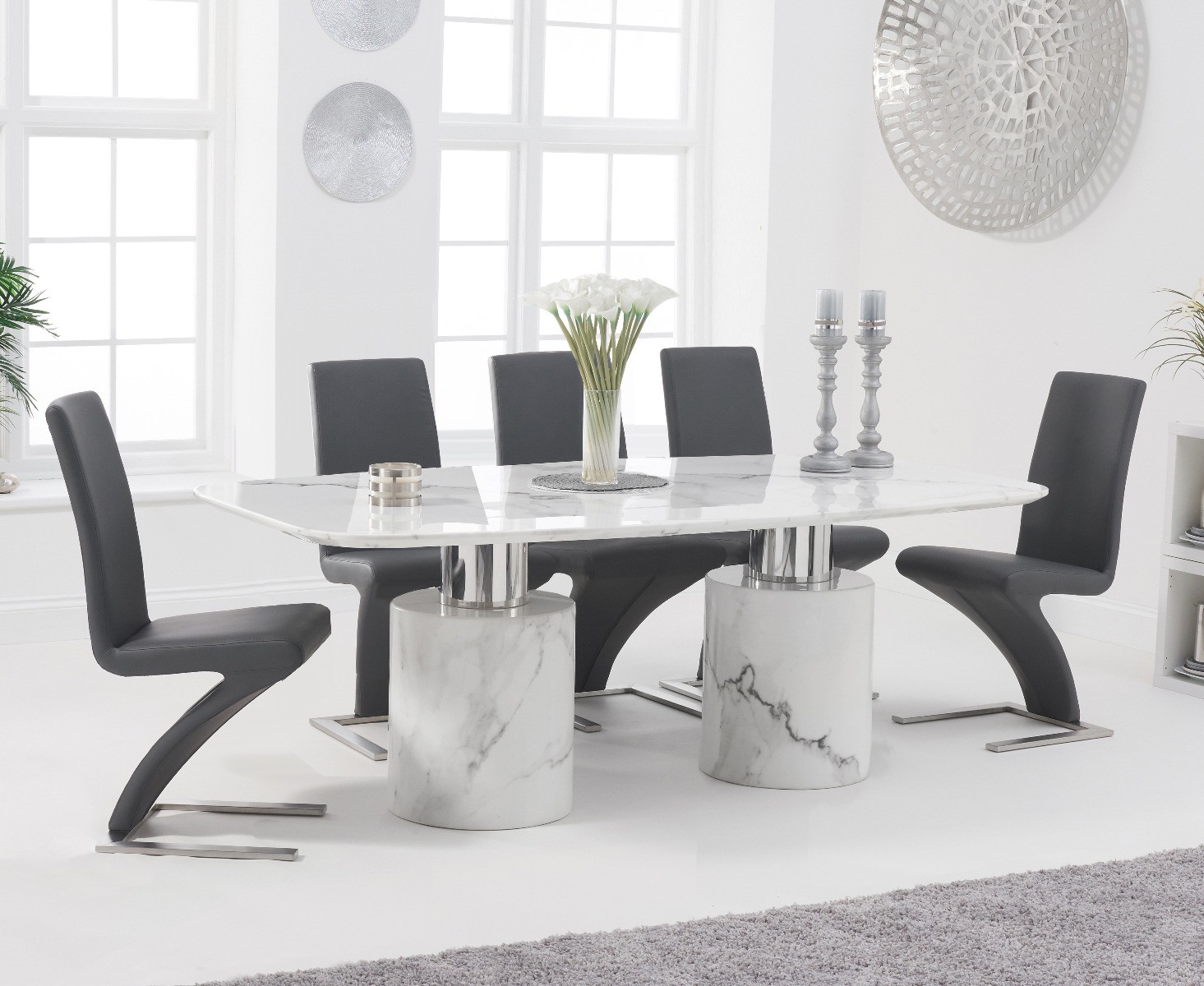 Antonio 180cm White Marble Dining Table With 8 Ivory White Hampstead Z Chairs
