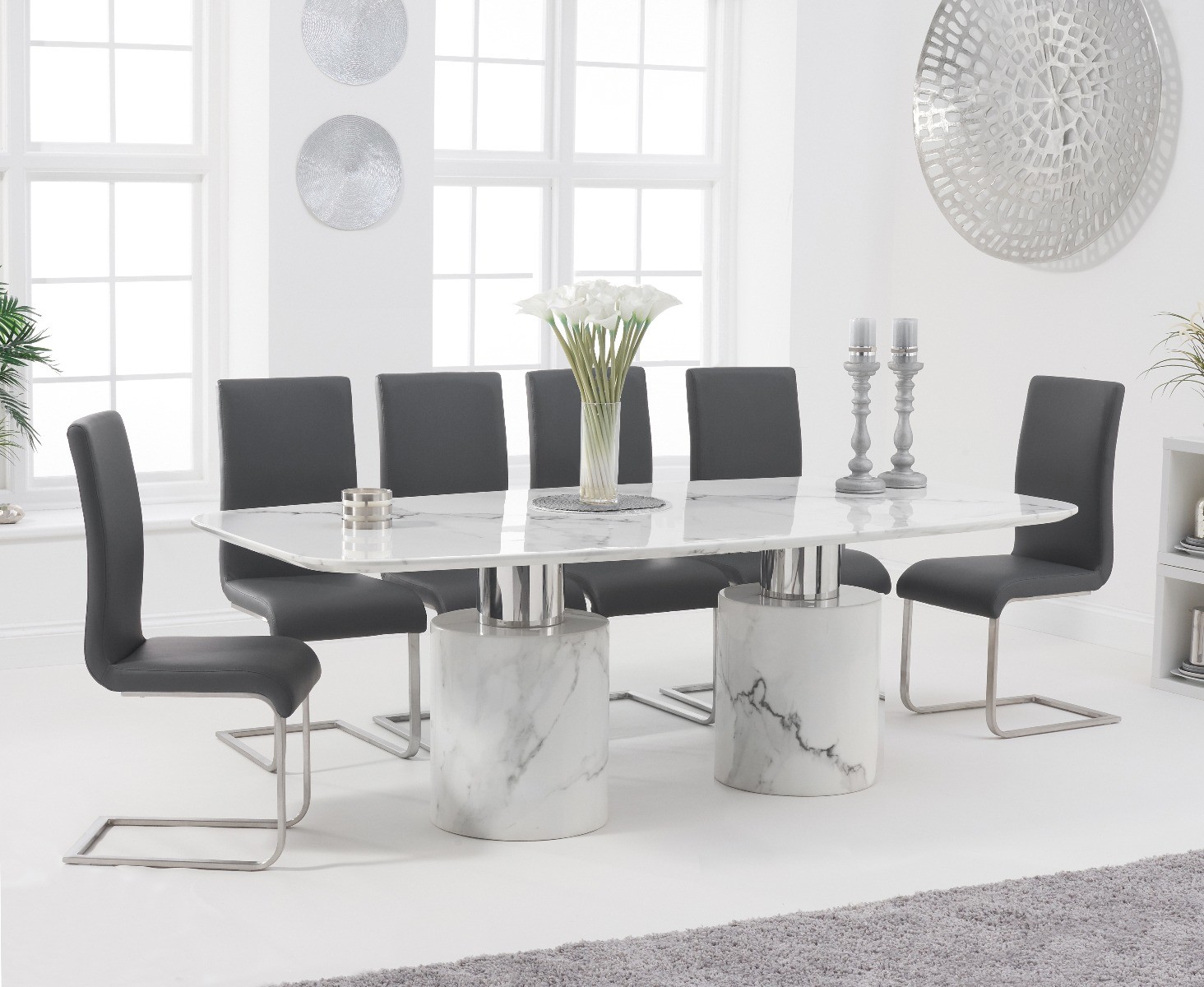 Product photograph of Antonio 220cm White Marble Table With 8 White Malaga Chairs from Oak Furniture Superstore