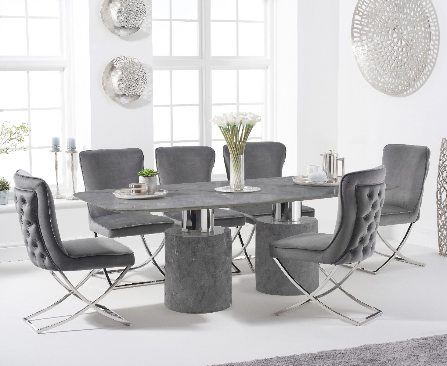 Product photograph of Antonio 220cm Grey Marble Table With 6 Grey Giovanni Velvet Chairs from Oak Furniture Superstore