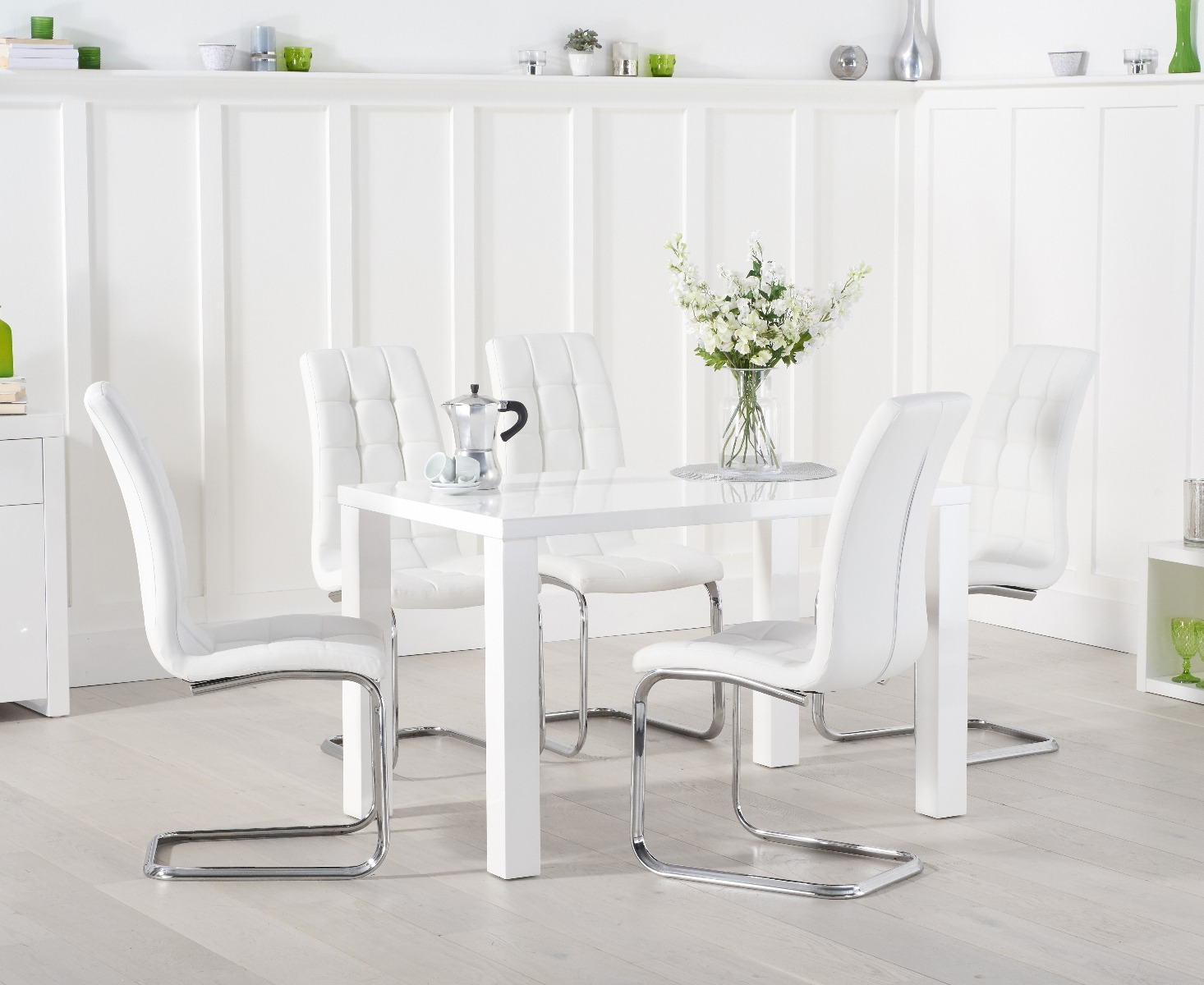 Atlanta 120cm White High Gloss Dining Table With 6 White Vigo Chairs