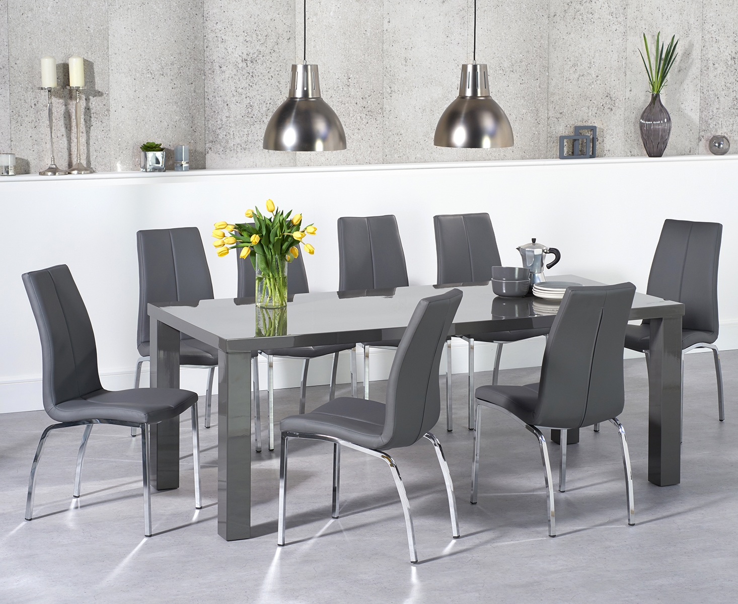 Atlanta 200cm Dark Grey High Gloss Dining Table With 8 Grey Cavello Chairs