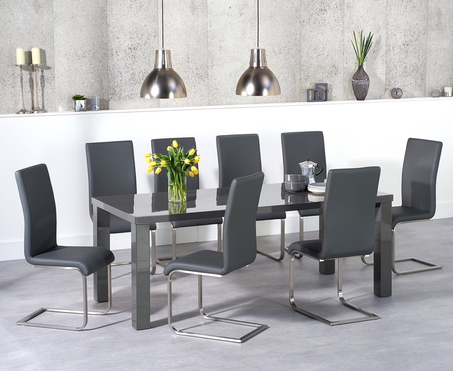 Atlanta 200cm Dark Grey High Gloss Dining Table With 10 Black Malaga Chairs