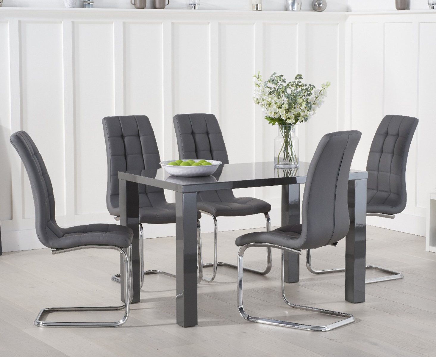 Atlanta 120cm Dark Grey High Gloss Dining Table With 4 White Vigo Chairs