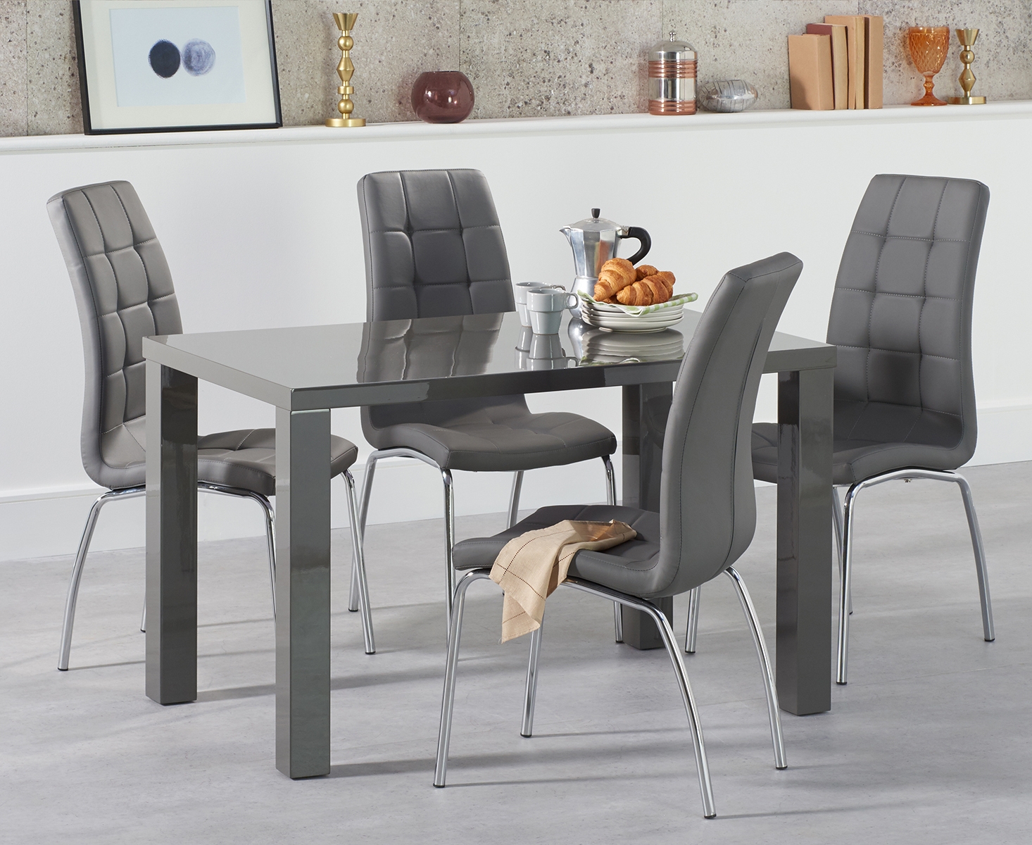 Atlanta 120cm Dark Grey High Gloss Dining Table With 4 Black Enzo Chairs