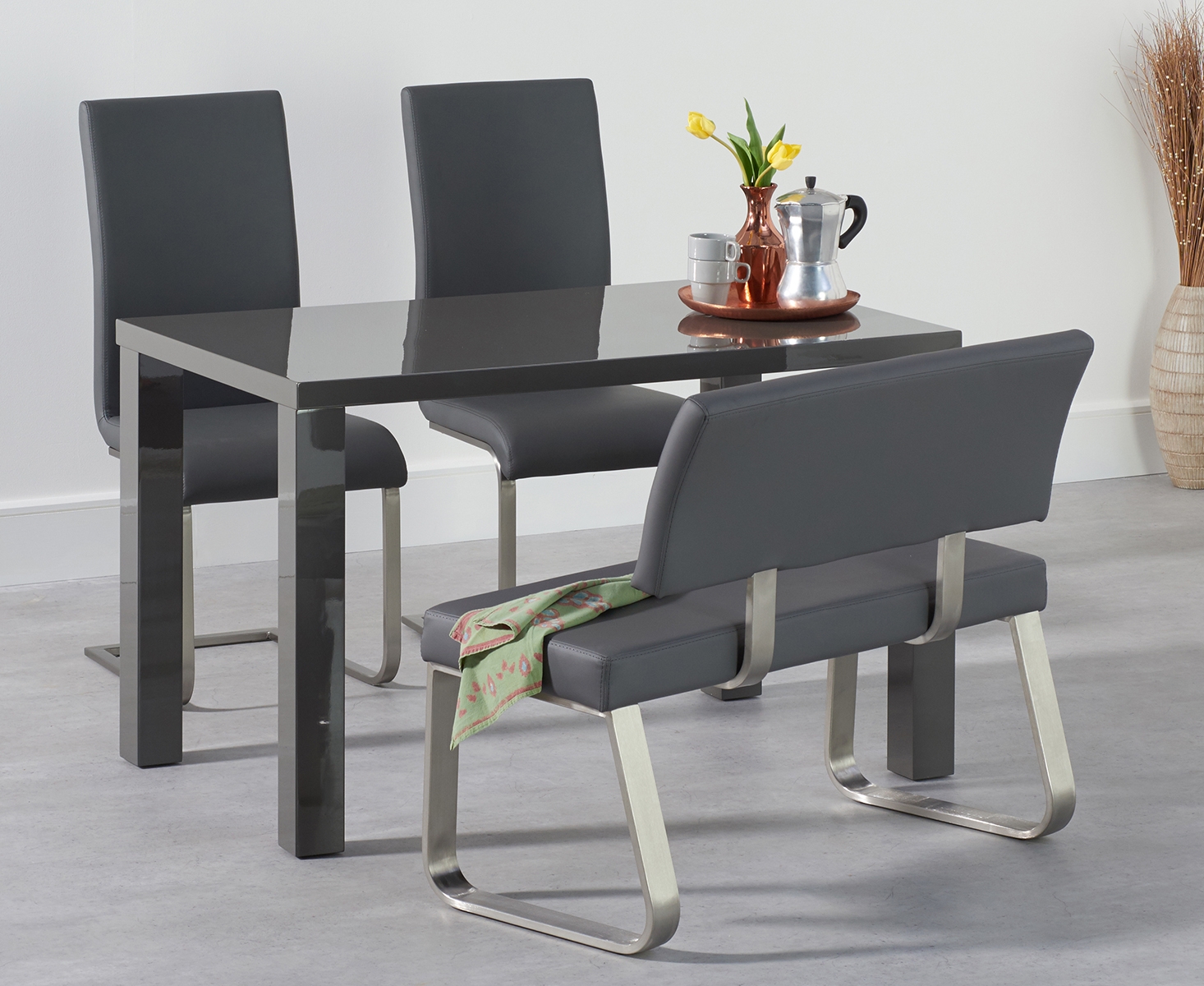 Atlanta 120cm Dark Grey High Gloss Dining Table With Malaga Chairs And Malaga Grey Bench