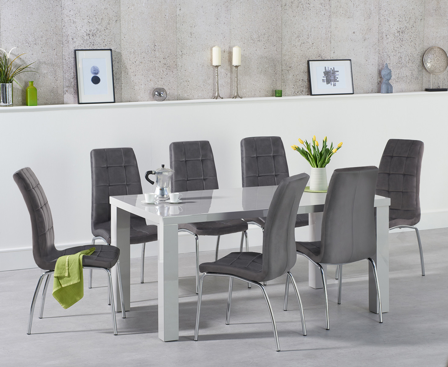 Atlanta 160cm Light Grey High Gloss Dining Table With 8 Grey Enzo Velvet Chairs