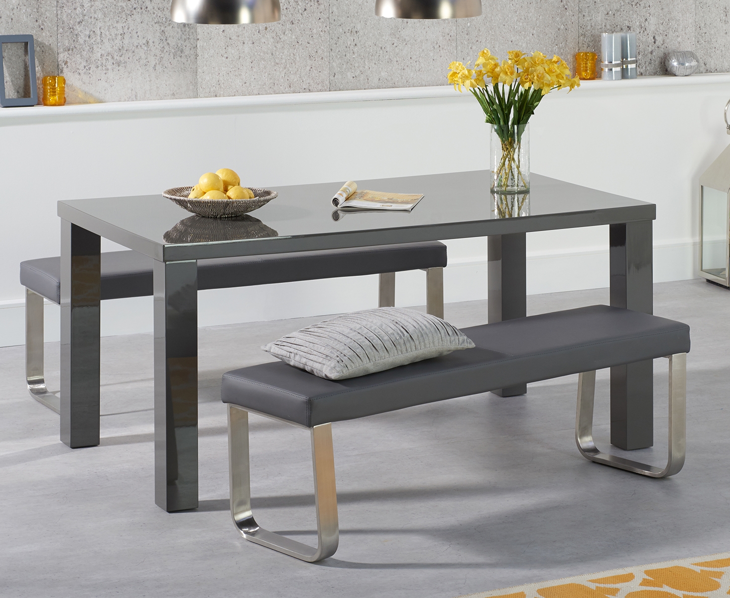 Atlanta 160cm Dark Grey High Gloss Dining Table With Austin Benches