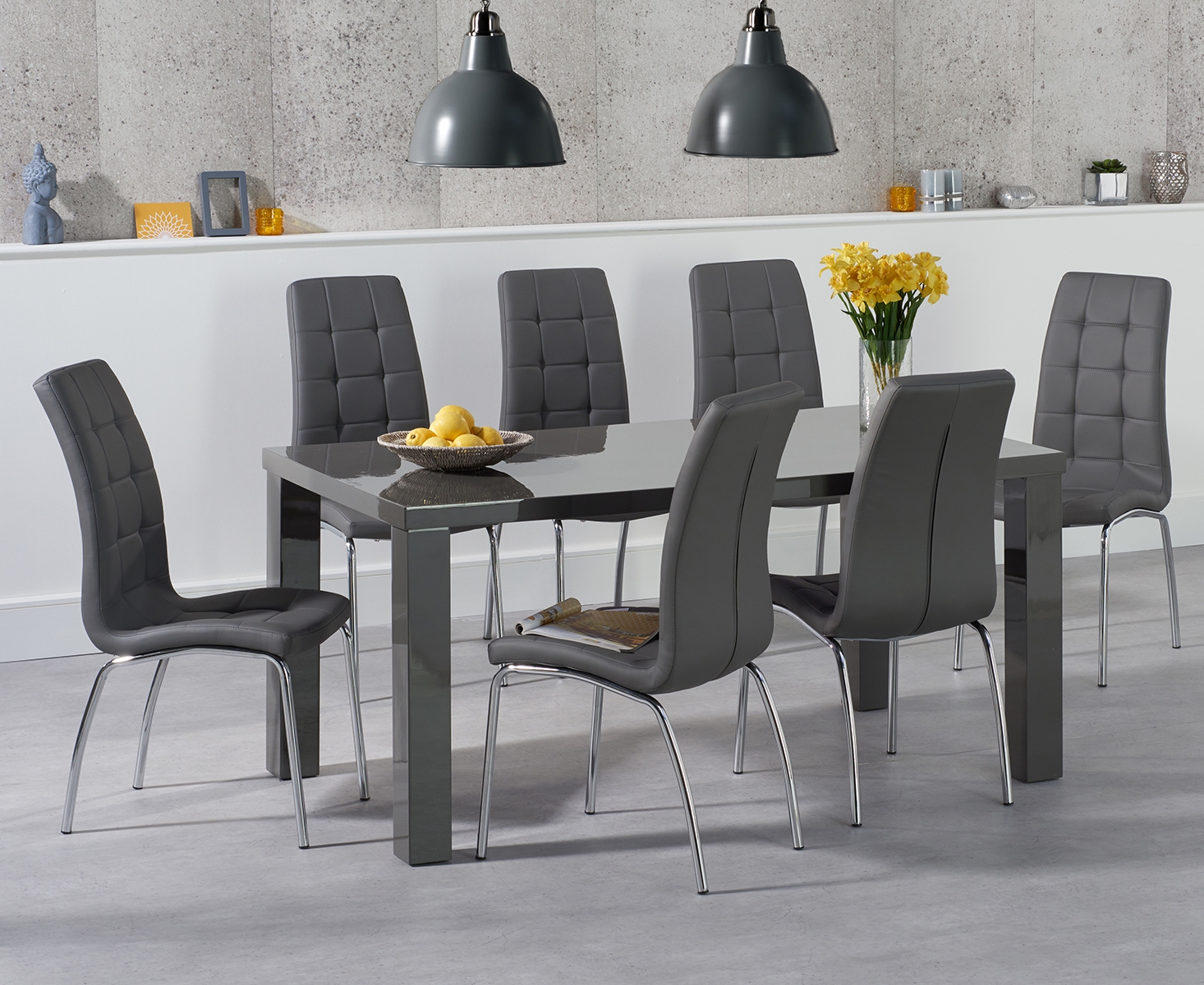 Atlanta 160cm Dark Grey High Gloss Dining Table With 8 Black Enzo Chairs