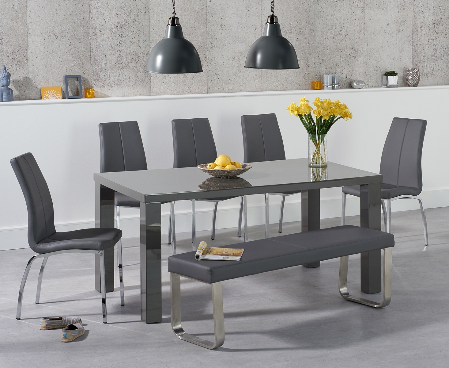 Atlanta 160cm Dark Grey High Gloss Dining Table With Cavello Chairs And Austin Grey Bench