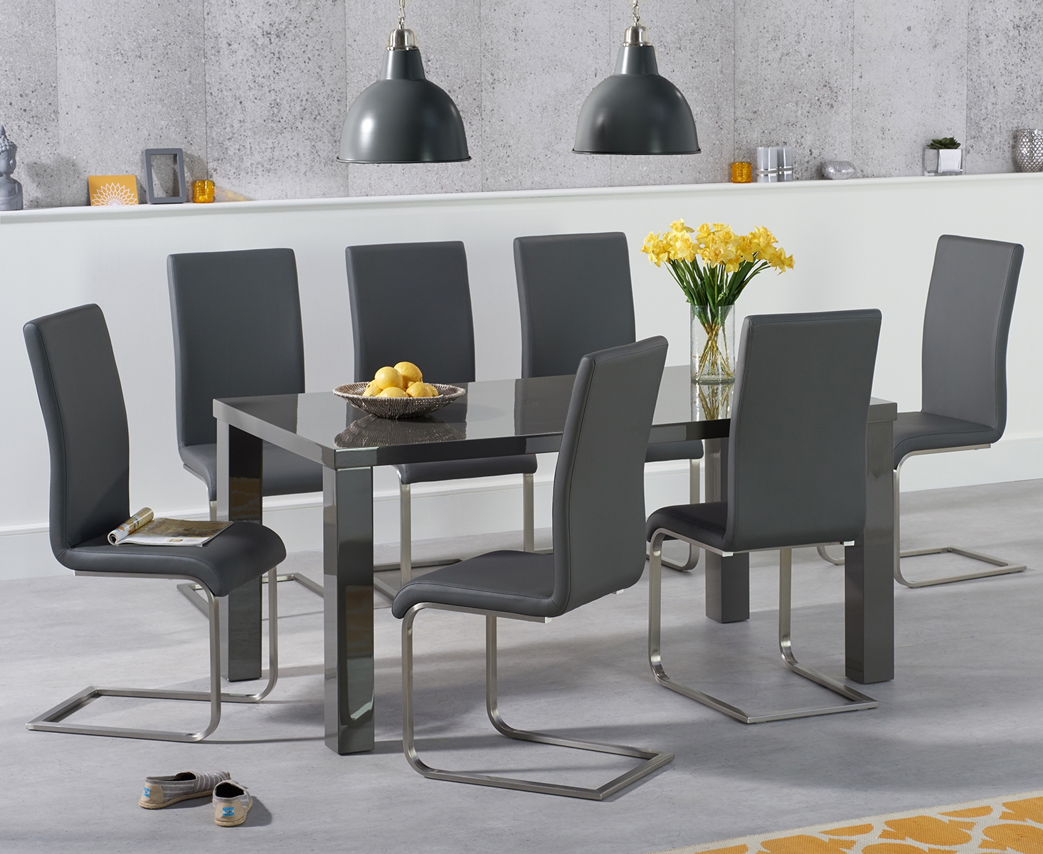 Atlanta 160cm Dark Grey High Gloss Dining Table With 4 Black Malaga Chairs