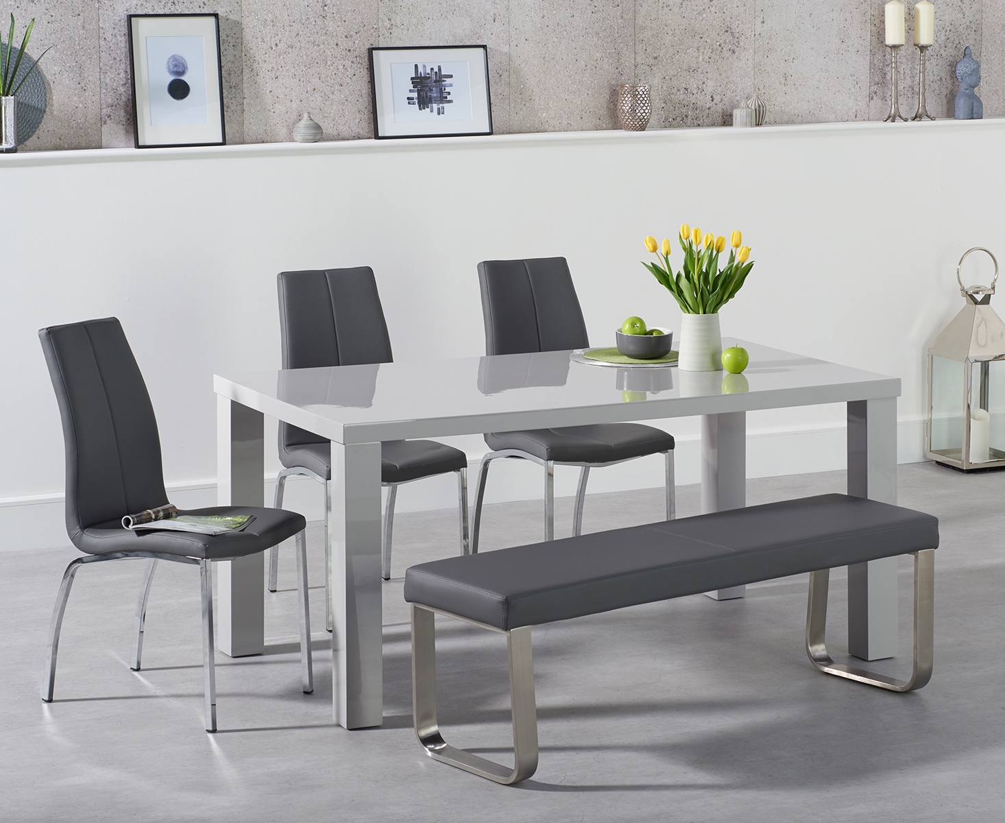 Atlanta 160cm Light Grey High Gloss Dining Table With Cavello Chairs And Austin Grey Bench