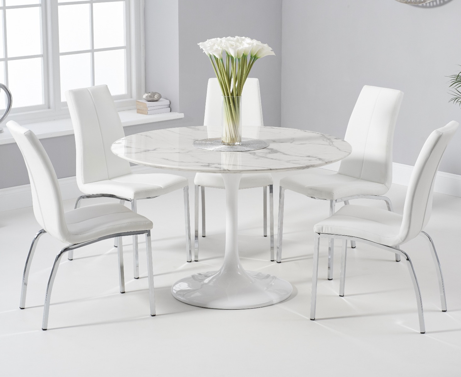 Brighton 120cm Round White Marble Dining Table With 4 Black Cavello Dining Chairs