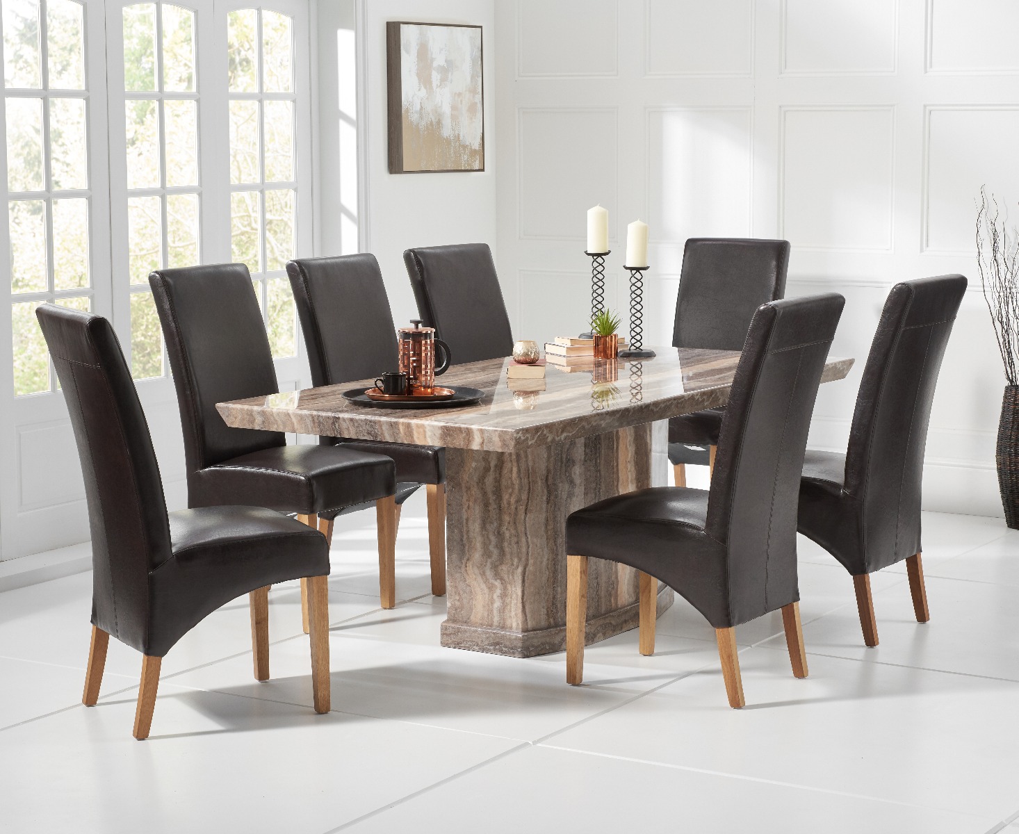 Carvelle 200cm Brown Pedestal Marble Dining Table With 6 Black Cannes Chairs