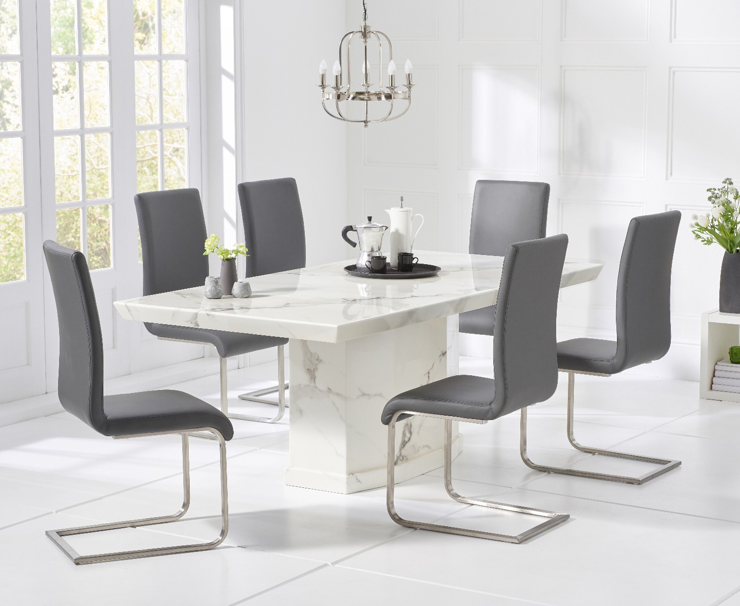 Carvelle 200cm White Pedestal Marble Dining Table With 6 Black Malaga Chairs