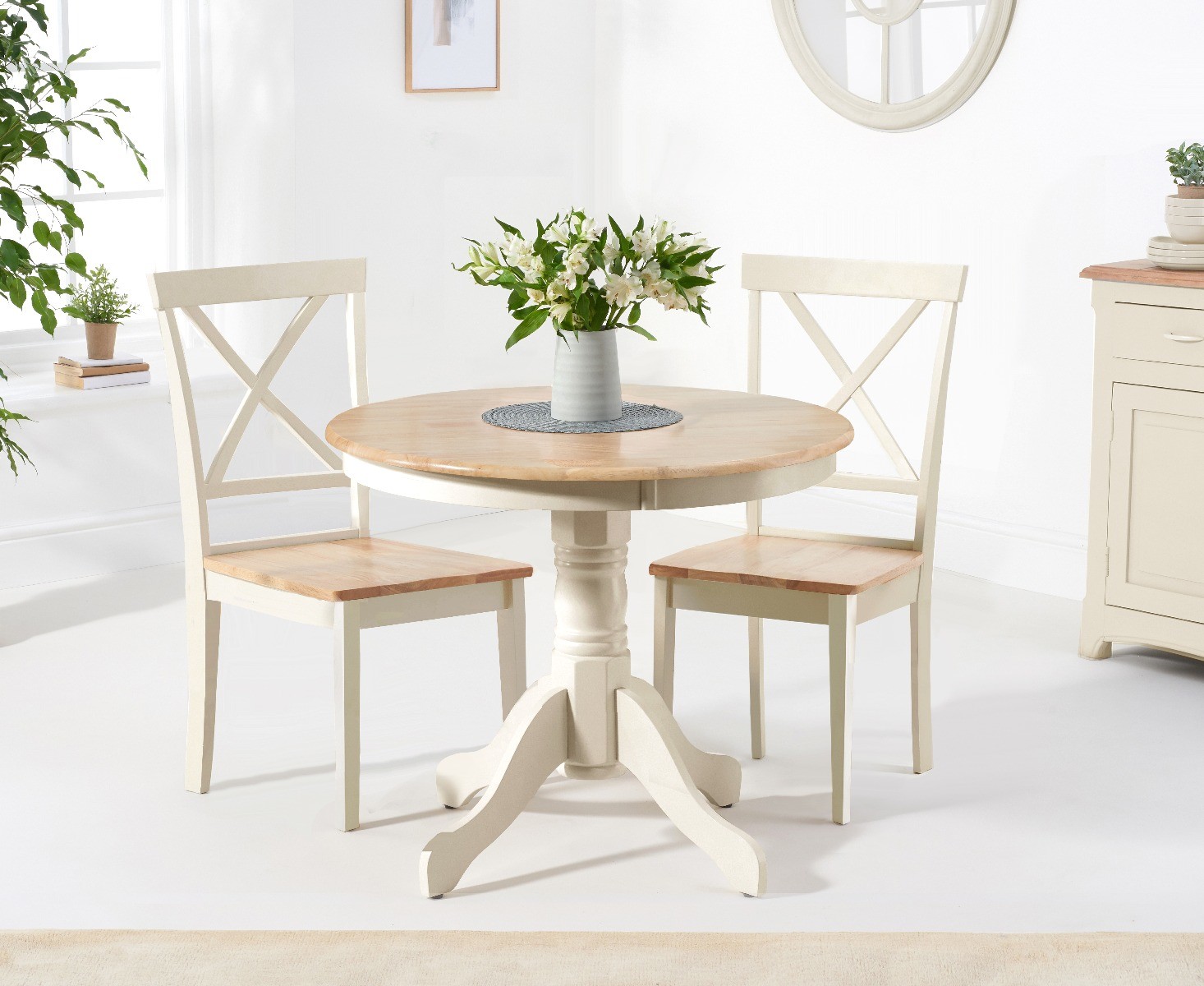 Epsom 90cm Oak And Cream Painted Dining Table With 2 Cream Chairs