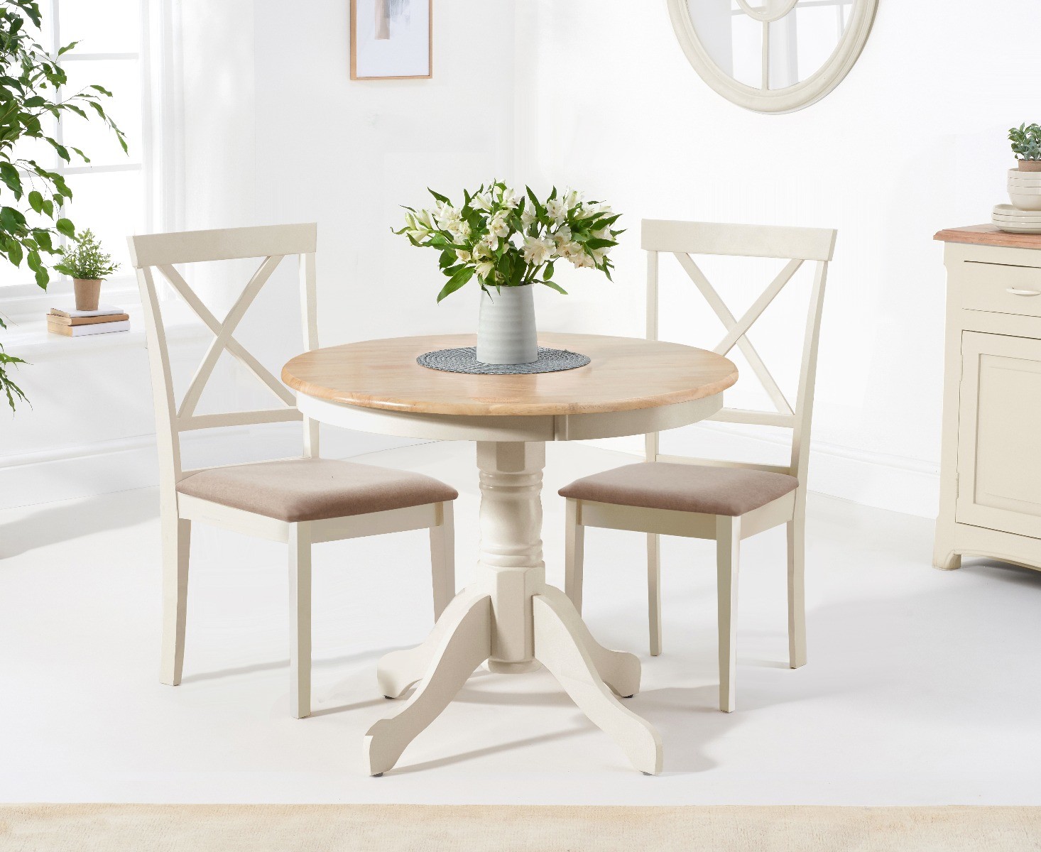 Epsom 90cm Oak And Cream Painted Dining Table With 2 Cream Chairs With Fabric Seats