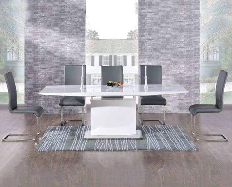 Hailey 160cm White High Gloss Extending Dining Table With 8 Black Malaga Chairs