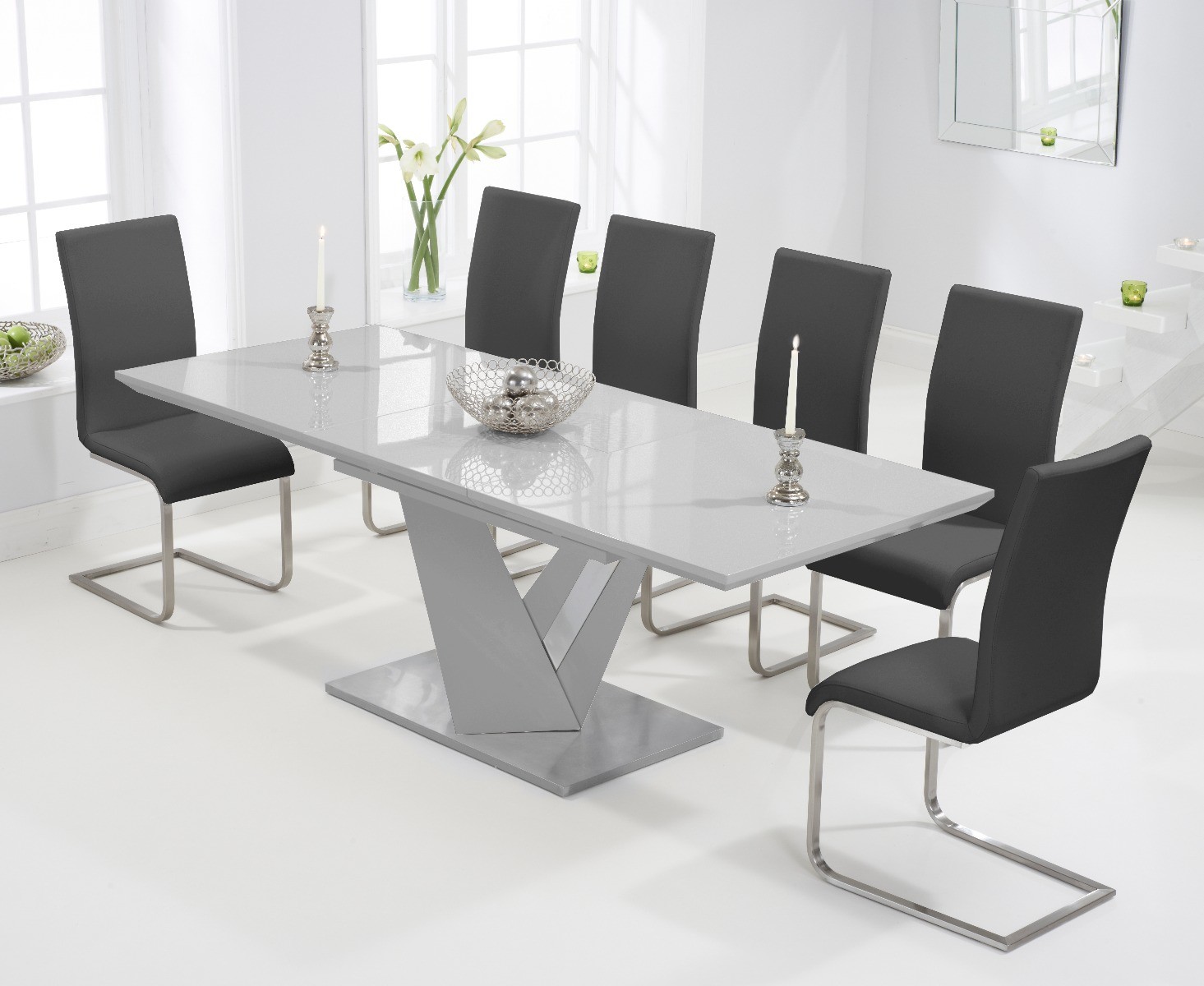 Harmony 160cm Extending Light Grey High Gloss Dining Table With 6 White Malaga Chairs