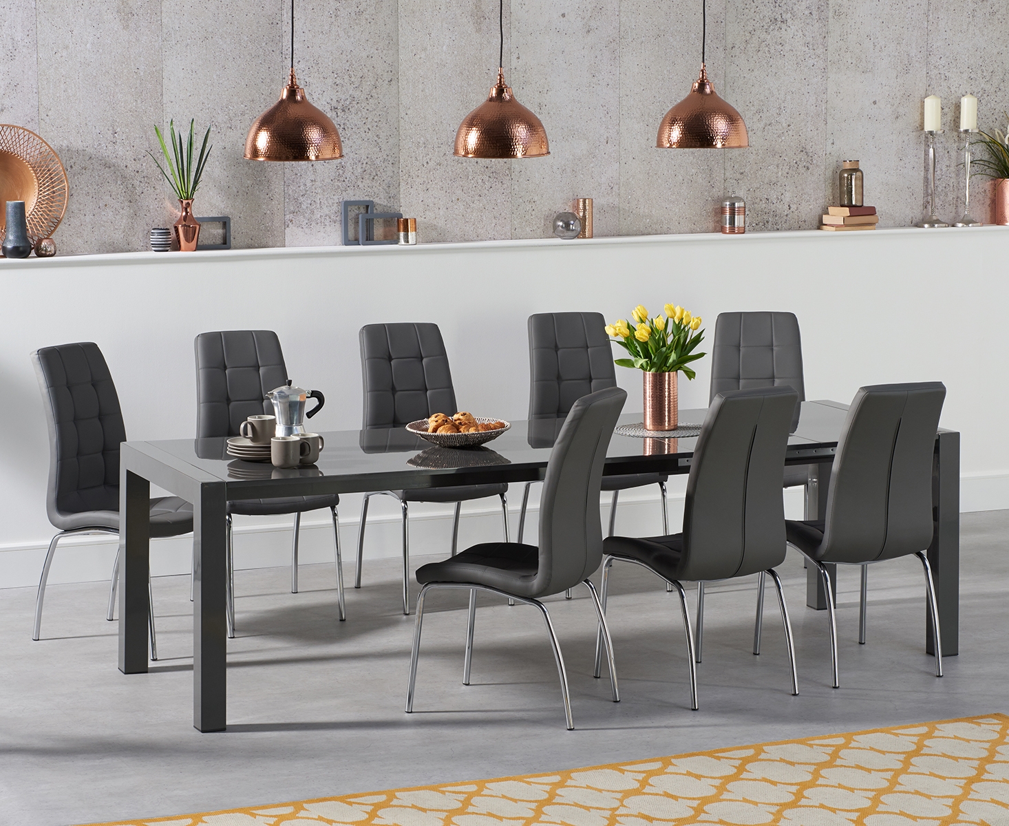 Joseph Extending Dark Grey High Gloss Dining Table With 8 Black Enzo Chairs