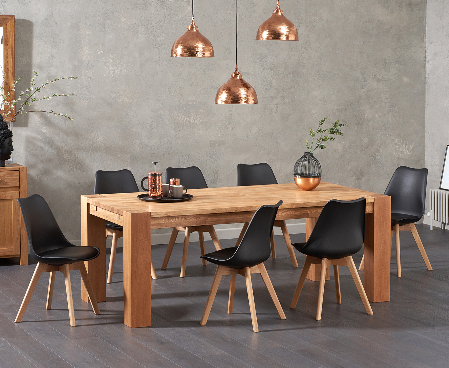 Madrid 200cm Oak Dining Table With 6 Mink Orson Faux Leather Chairs
