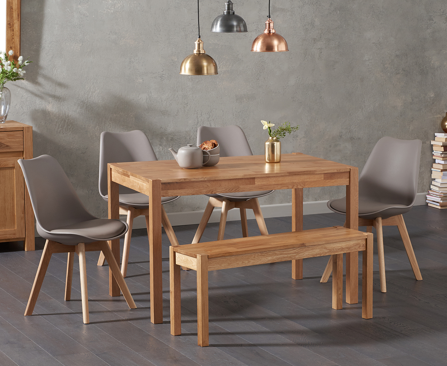 Oxford 120cm Solid Oak Dining Table With Orson Faux Leather Chairs And Oxford Bench