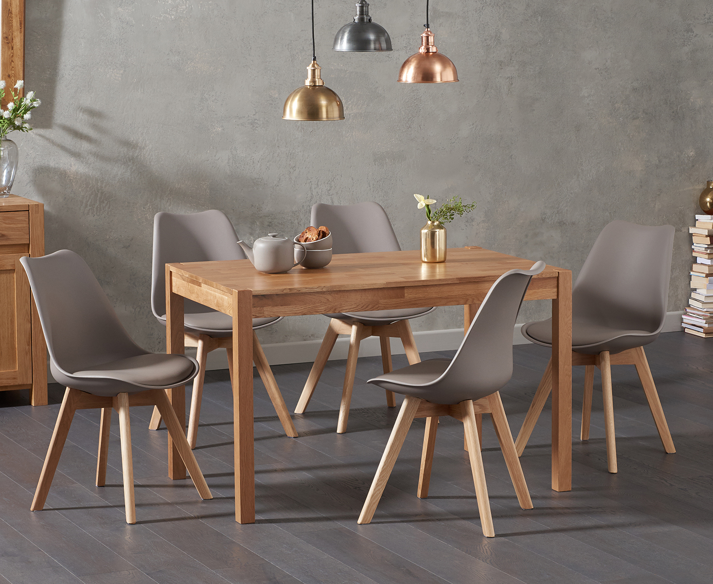 Oxford 120cm Solid Oak Dining Table With 6 Dark Grey Orson Faux Leather Chairs