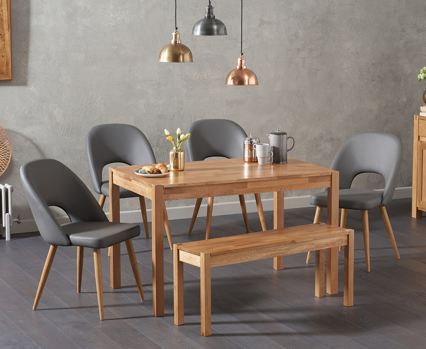 Oxford 120cm Solid Oak Dining Table With Hudson Faux Leather Chairs With Oxford Bench