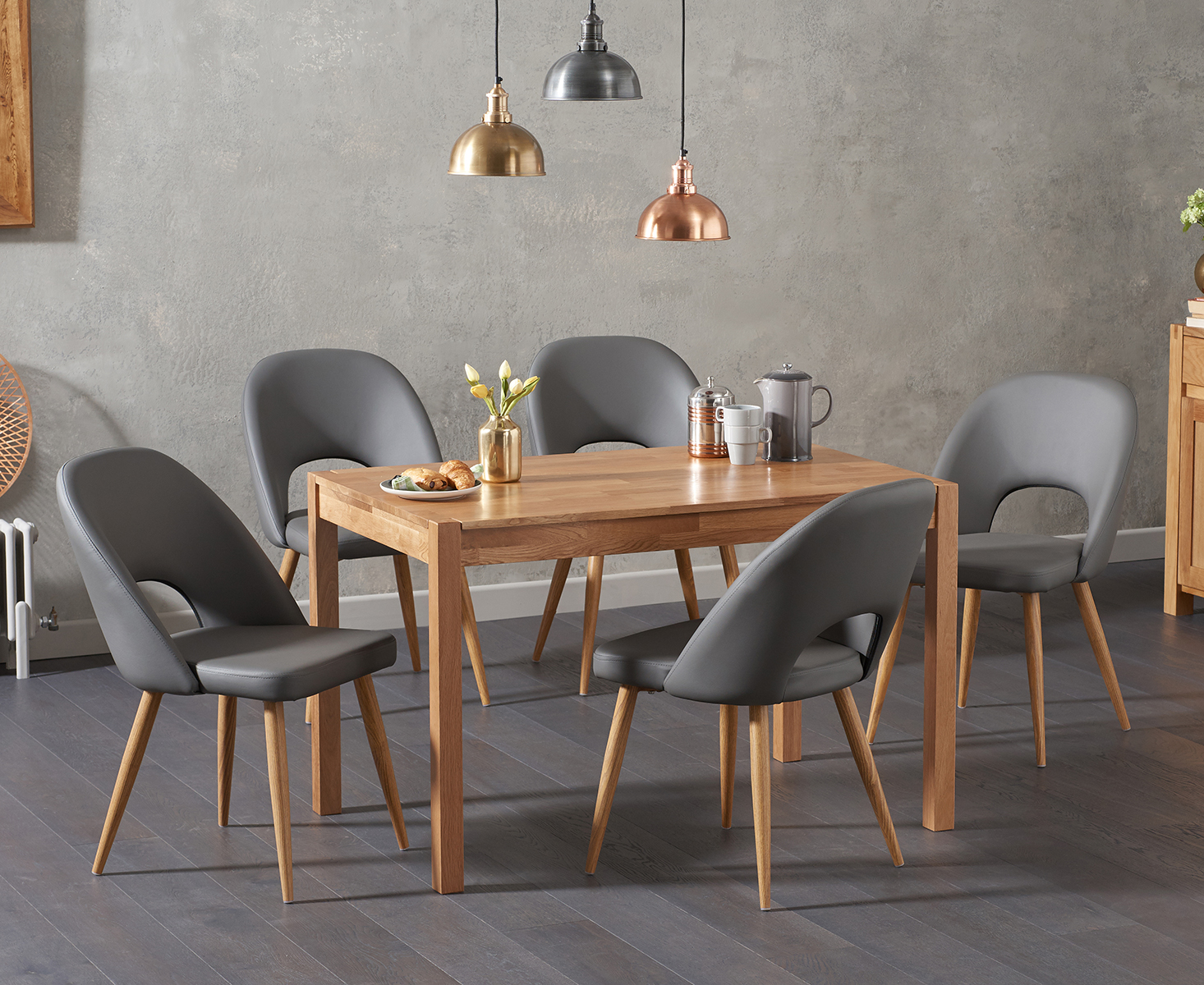 Oxford 120cm Solid Oak Dining Table With 4 Grey Hudson Faux Leather Chairs