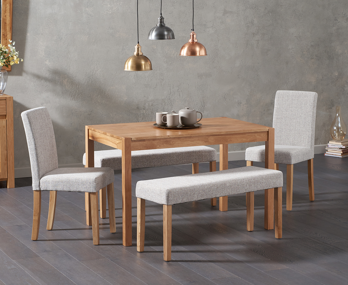 Oxford 120cm Solid Oak Dining Table With Lila Grey Benches And Lila Chairs