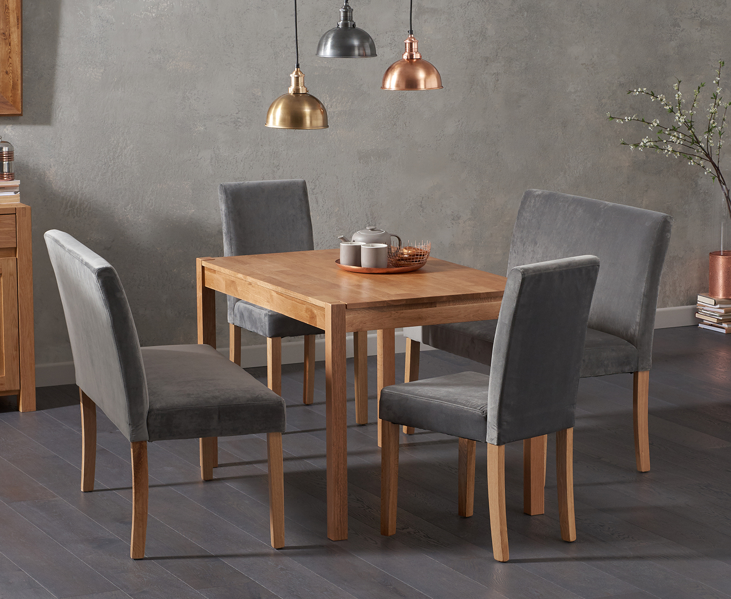 Oxford 120cm Solid Oak Dining Table With Lila Grey Velvet Benches With Backs And Lila Velvet Chairs