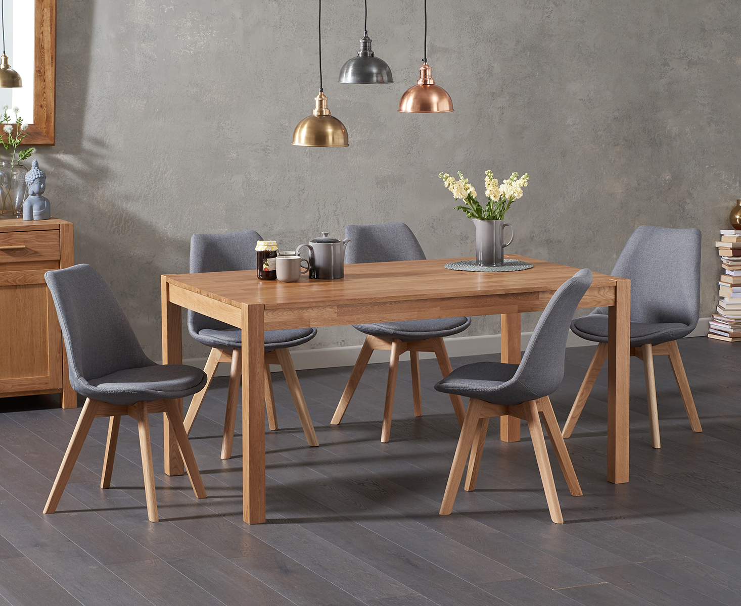 Product photograph of York 150cm Solid Oak Dining Table With 6 Light Grey Orson Fabric Chairs from Oak Furniture Superstore