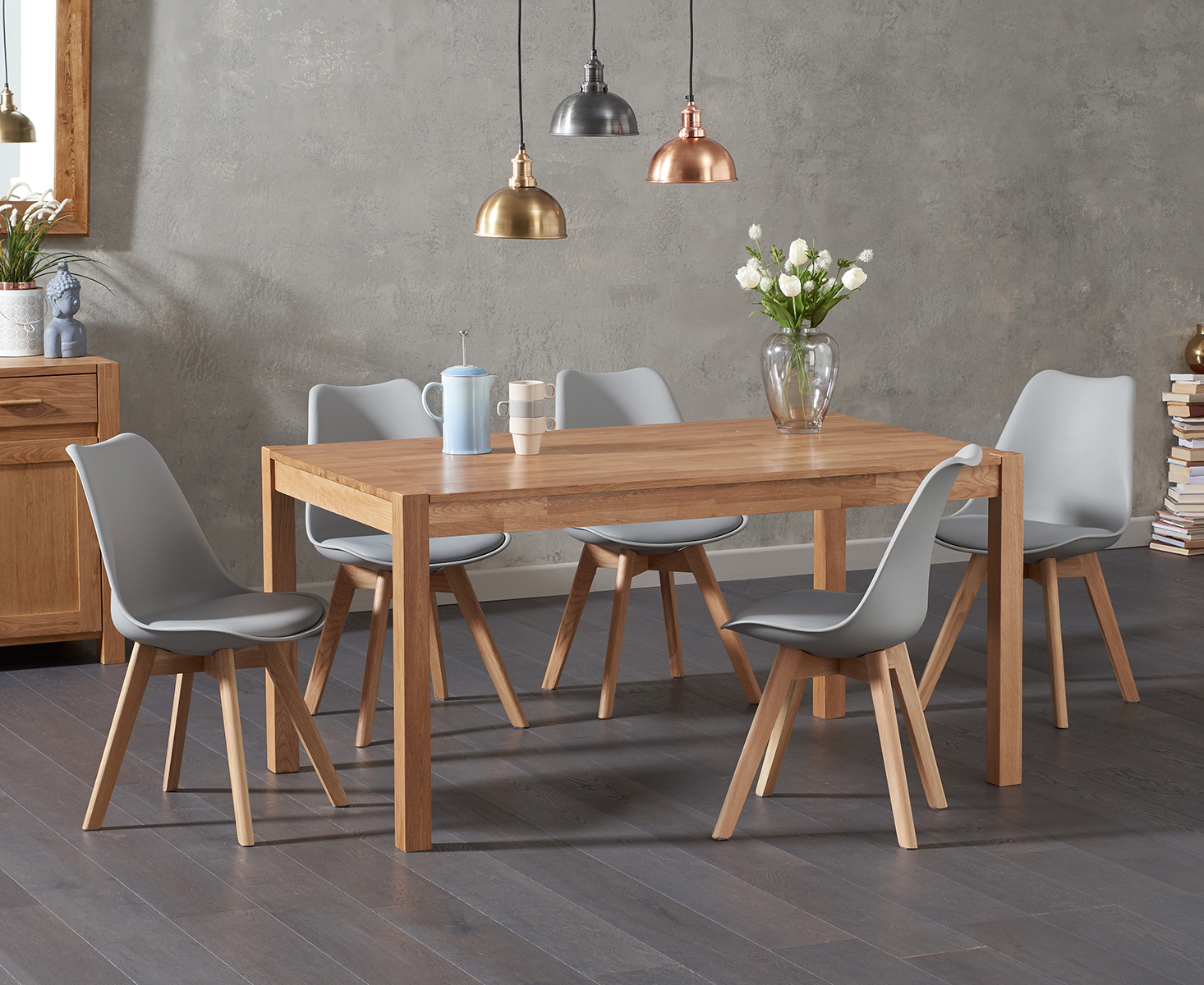 Product photograph of York 150cm Solid Oak Dining Table With 8 Mink Orson Faux Leather Chairs from Oak Furniture Superstore