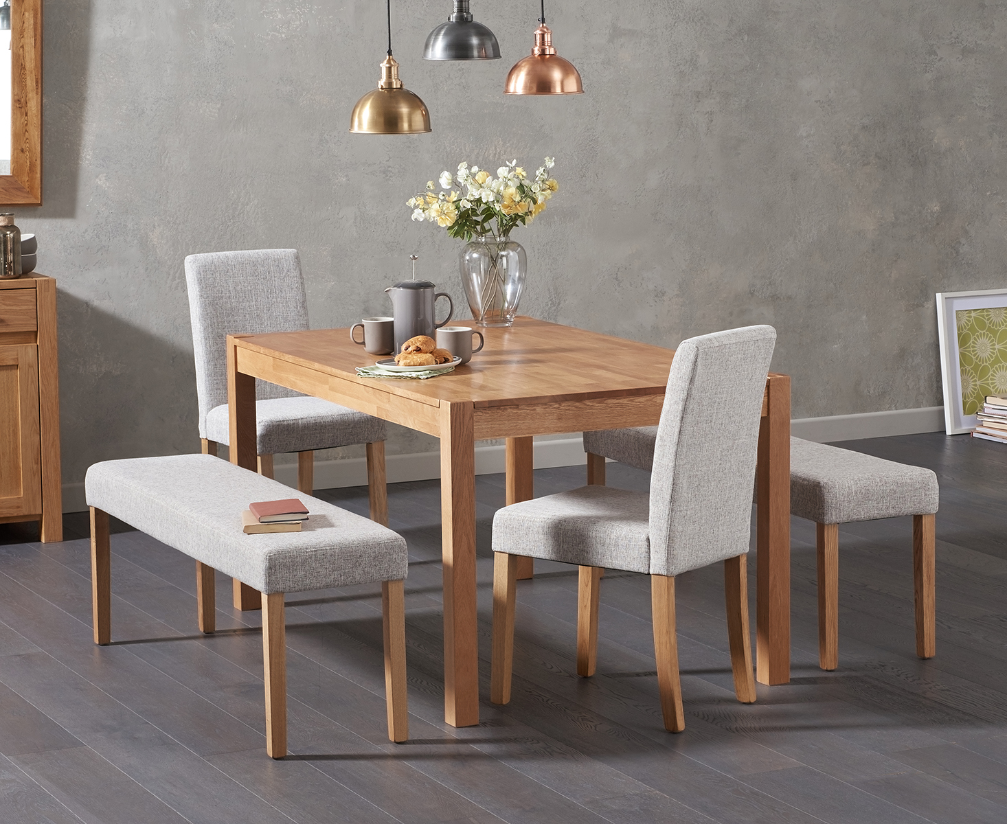 Oxford 150cm Solid Oak Dining Table Lila Large Grey Benches And Lila Chairs