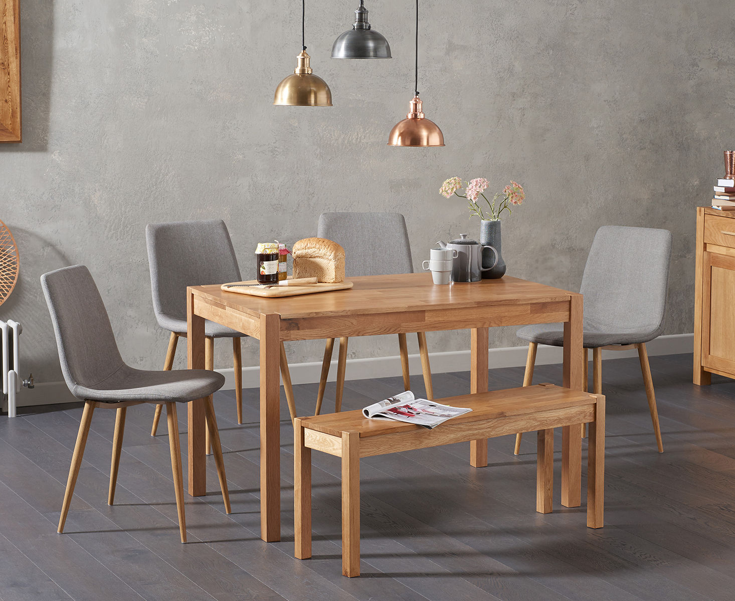 Oxford 150cm Solid Oak Dining Table With Astrid Fabric Chairs And Oxford Bench
