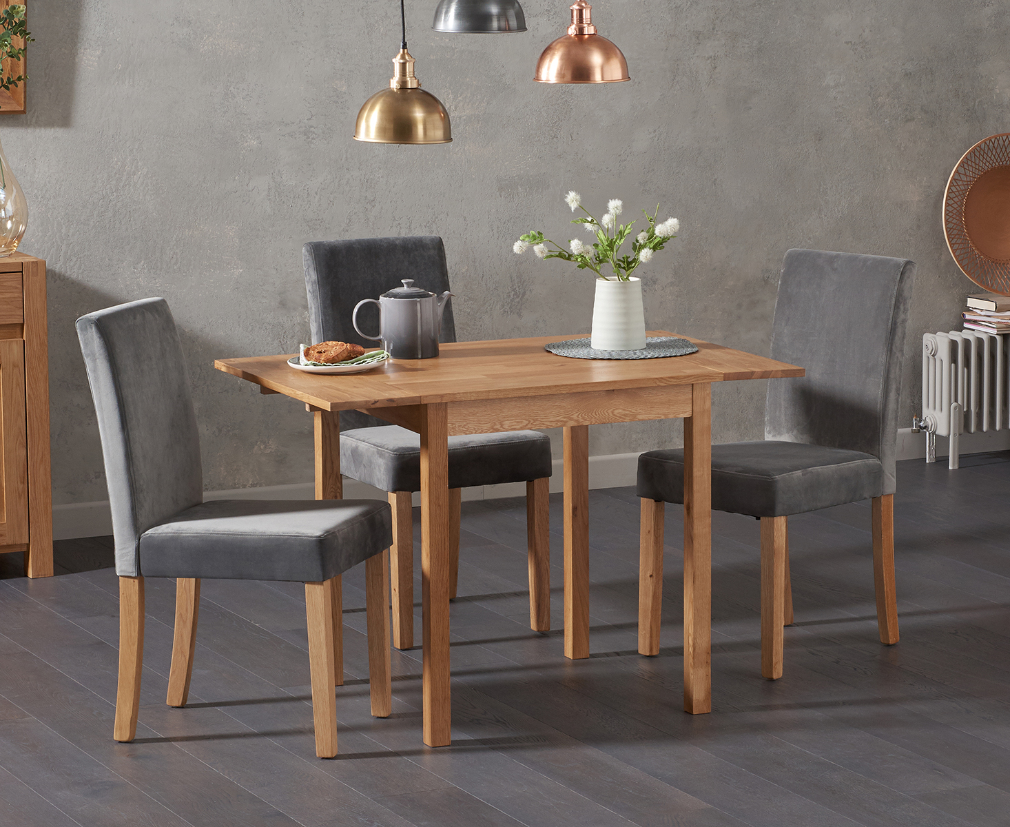 Oxford 70cm Solid Oak Extending Dining Table With 2 Grey Lila Plush Grey Chairs