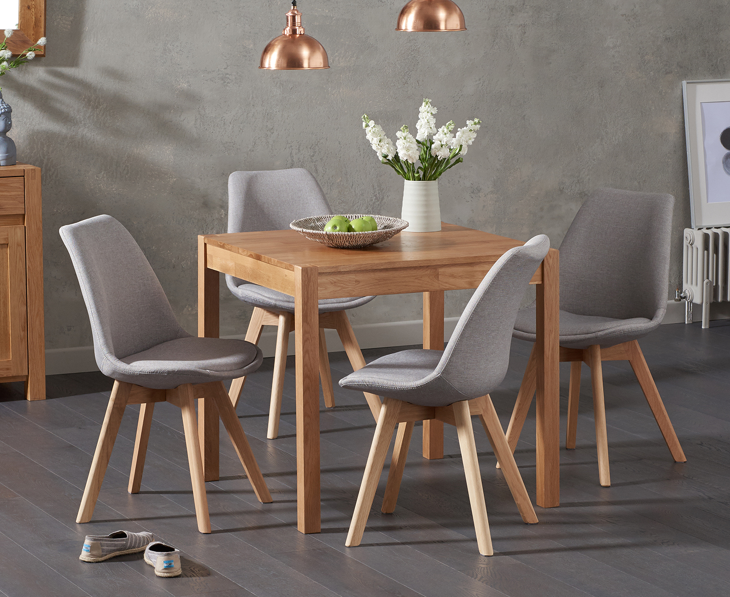 Oxford 80cm Solid Oak Dining Table With 4 Light Grey Orson Fabric Chairs